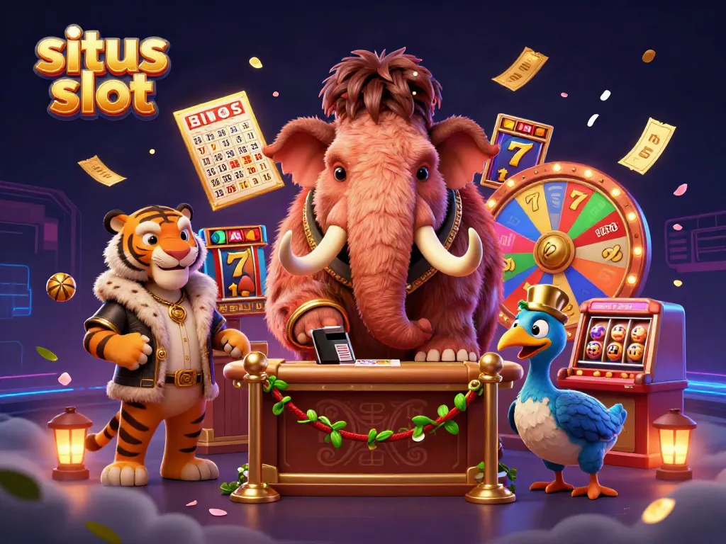 Experience thrilling gaming at situs slot with a dynamic 3D scene of characters and vibrant casino elements.