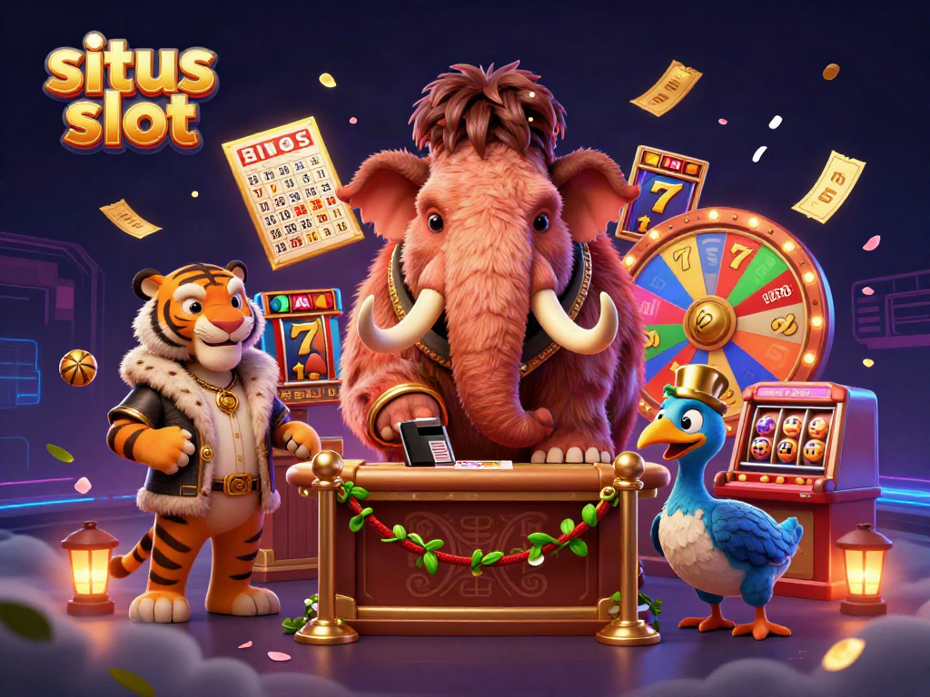 Experience thrilling gaming at situs slot with a dynamic 3D scene of characters and vibrant casino elements.