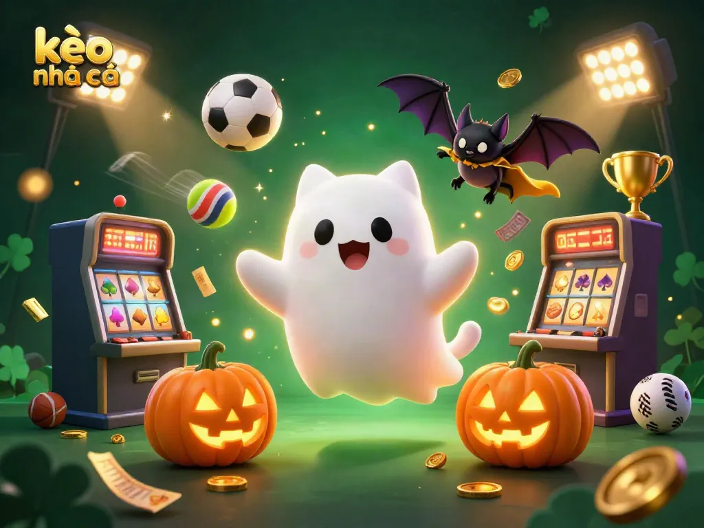 Experience the thrill of kèo nhà cái with a whimsical ghost cat and vibrant sports elements illuminating a haunted casino scene.