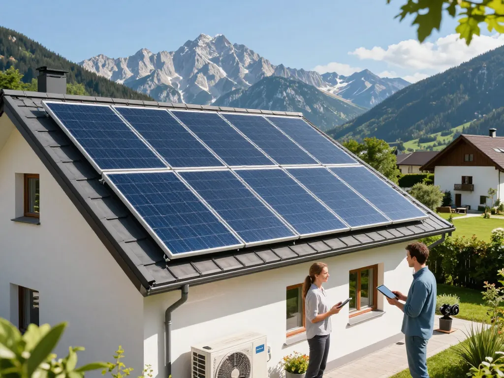 Photovoltaik Bayern - Zuhause mit Solarpanels und Wärmepumpe zur Förderung erneuerbarer Energien.