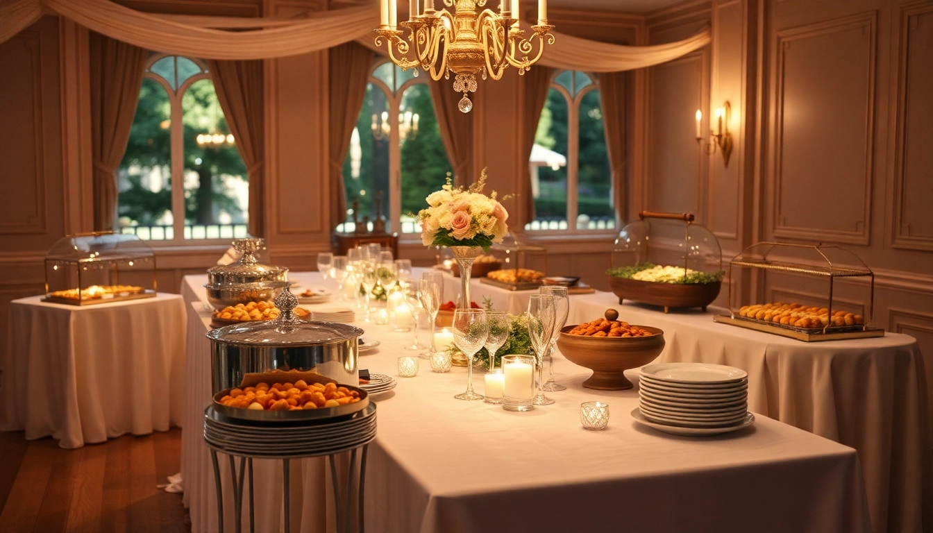 Partyservice mit einer Vielzahl von Buffets auf einer gedeckten Tafel für eine festliche Veranstaltung