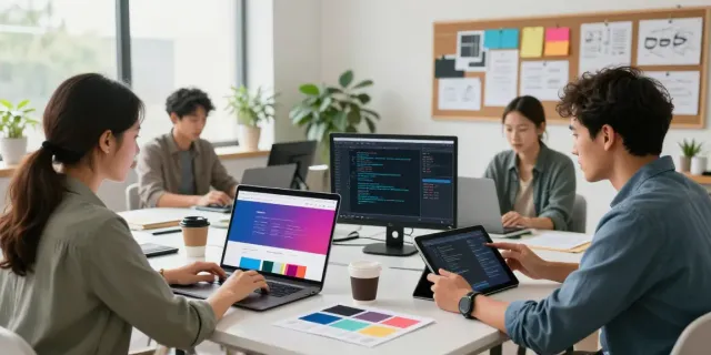 Webdesign Saarland, kreatives Team arbeitet zusammen in modernem Büro.