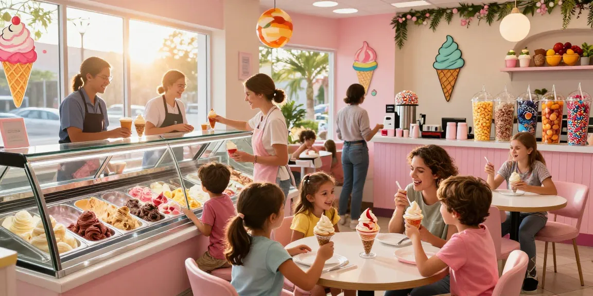 Families enjoying rokok88 gourmet ice cream in a vibrant parlor filled with joyful ambiance.