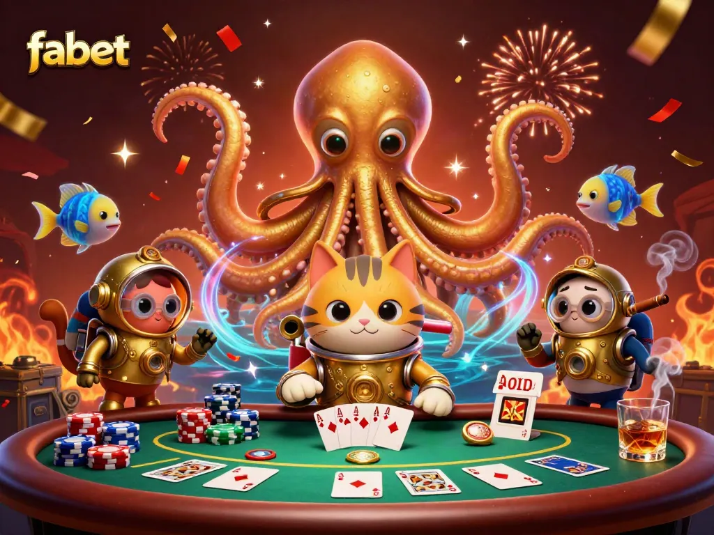 Engage in thrilling games at fabet with an illustrative scene featuring a kraken and a diving cat amidst poker elements.