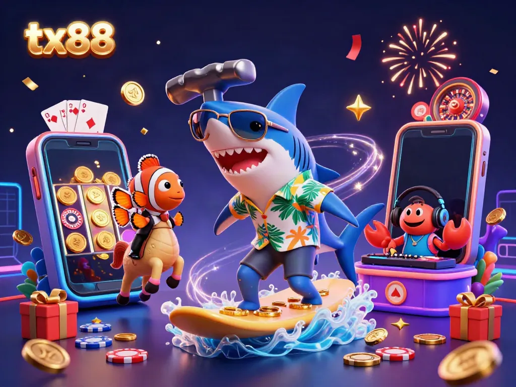 Experience the exciting tx88 casino at vibrant underwater with shark and clownfish celebrating wins.