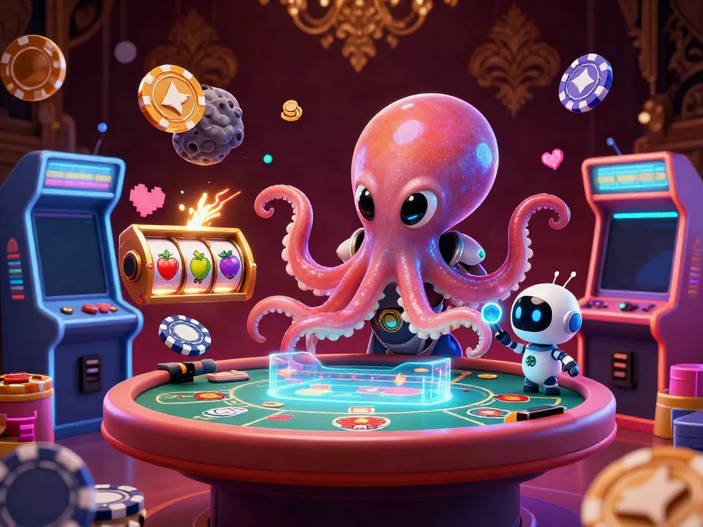 Engaging alien octopus in a shimmering space suit plays poker at a holographic table, surrounded by vibrant slot machines.