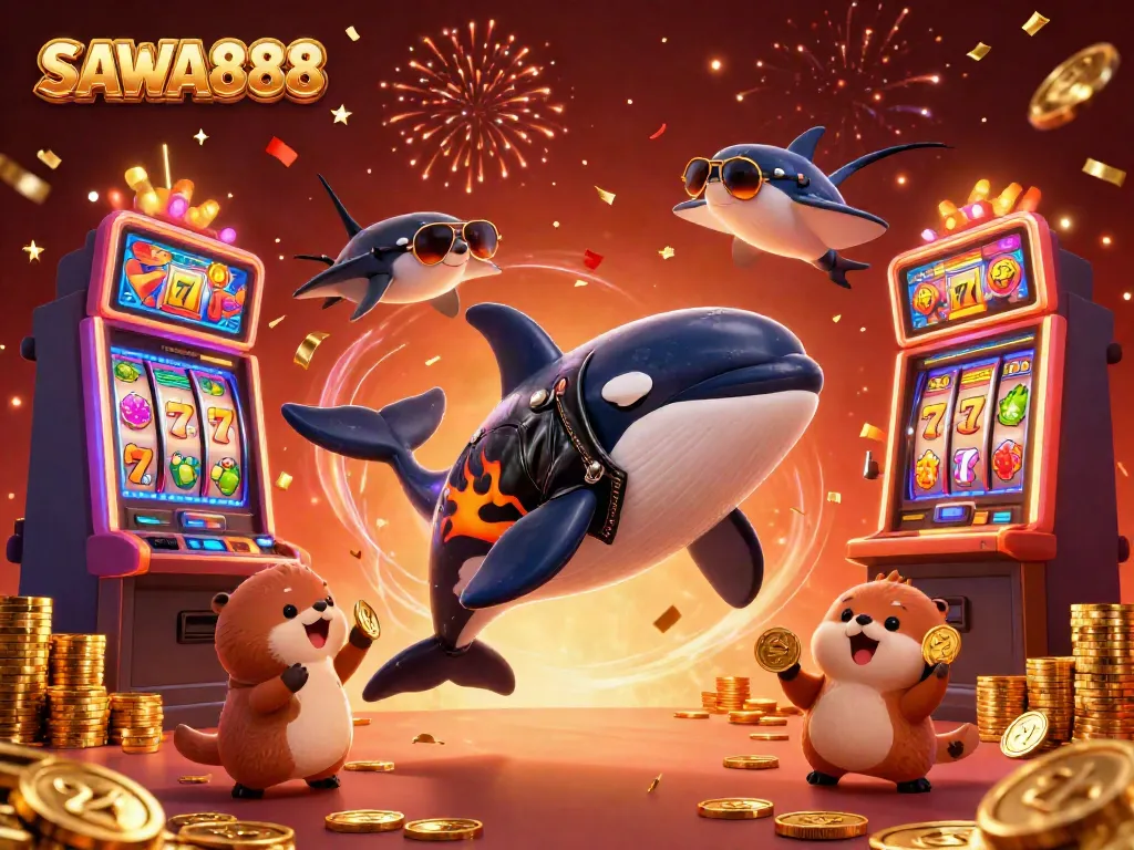 SAWA888 celebrates with a vibrant orca, cool stingray, and otters enjoying gold coins, set against exciting slot machines.