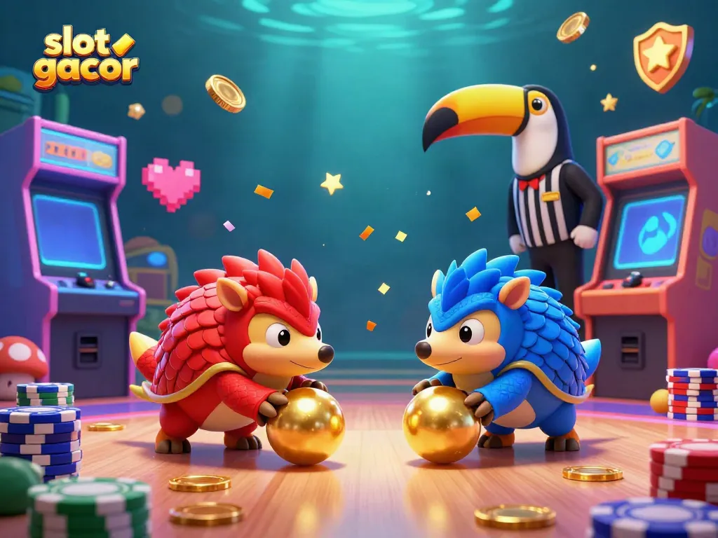 Engaging scene depicting slot gacor rival pangolins bowling through poker chips in vibrant colors.