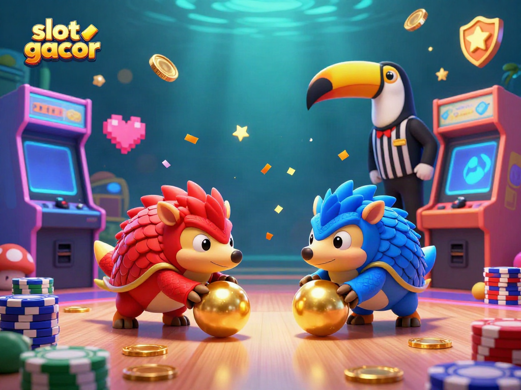 Engaging scene depicting slot gacor rival pangolins bowling through poker chips in vibrant colors.