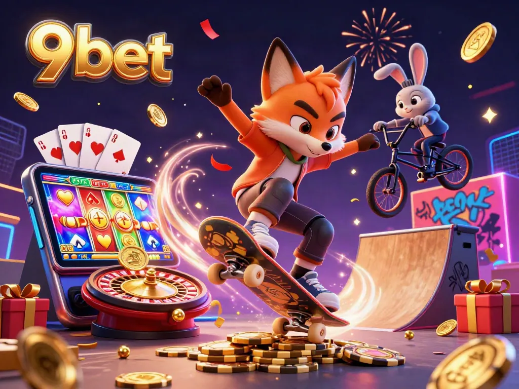 Engage in 9bet's thrilling gaming adventure with a vibrant 3D illustration showcasing a skateboarder fox and a BMX rabbit amidst casino fun.