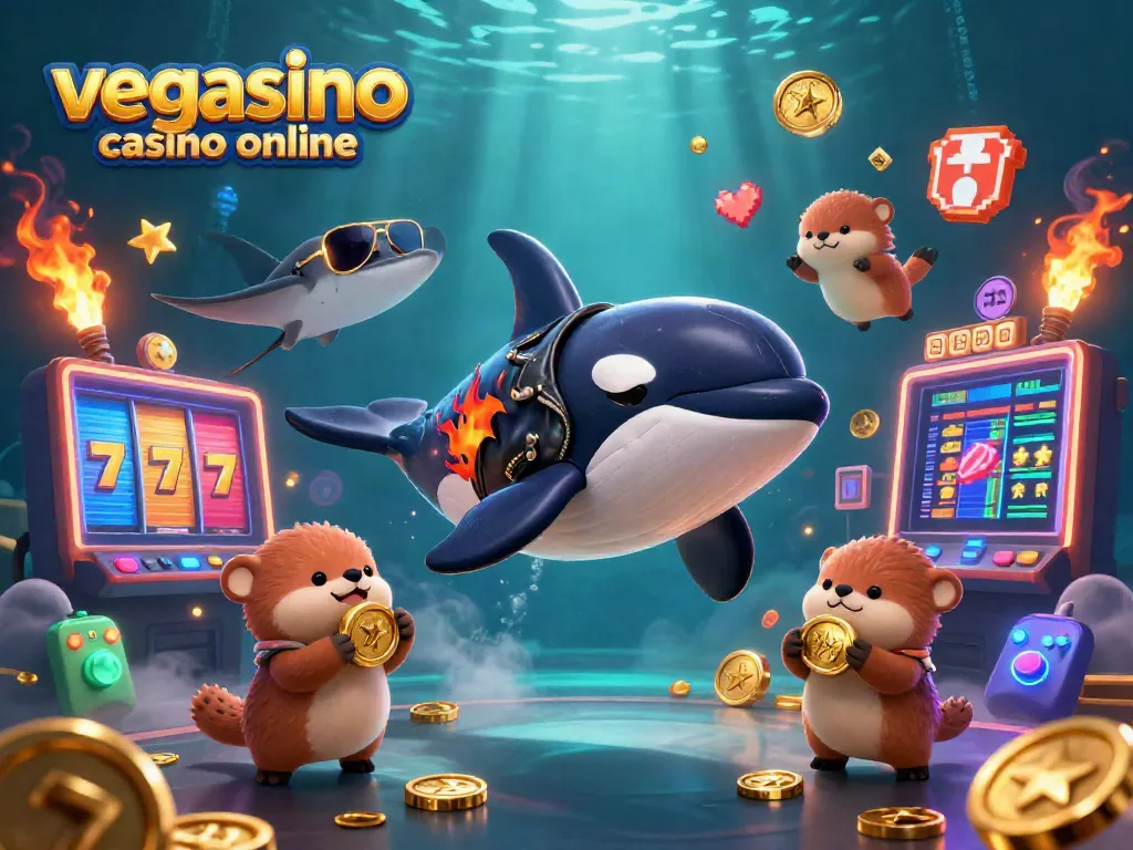 Experience the thrill of vegasino casino online, featuring cartoon characters with gold coins amidst vibrant casino elements.