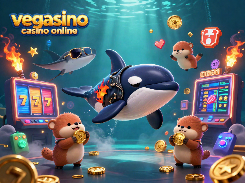 Experience the thrill of vegasino casino online, featuring cartoon characters with gold coins amidst vibrant casino elements.