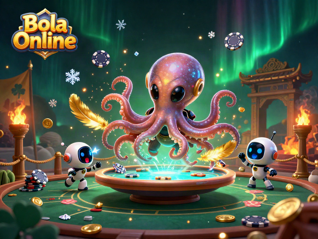 Experience the thrill of Bola Online with alien octopus and poker action in a vibrant casino scene.
