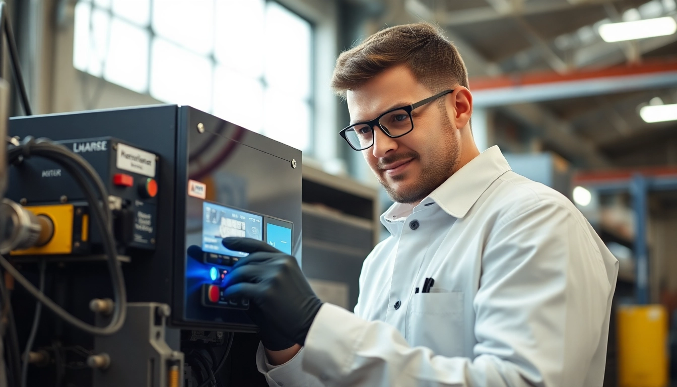 Techniker führt eine DGUV V3 Prüfung an einer elektrischen Maschine durch, um Sicherheit und Funktionsfähigkeit zu gewährleisten.