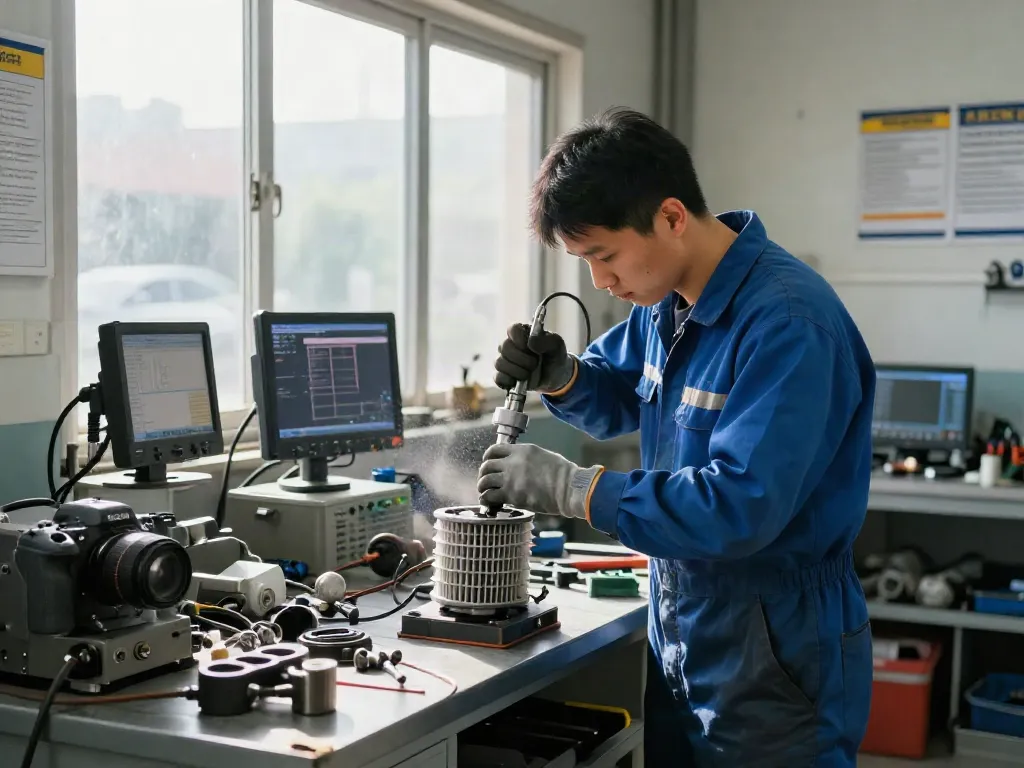 Mechaniker bei der DPF-Reinigung in einer professionellen Werkstatt mit Werkzeugen und Licht.