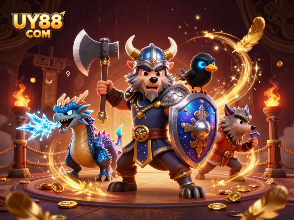 Engage in thrilling online gaming experiences with UY88 COM, showcasing 3D characters in an immersive casino setting.