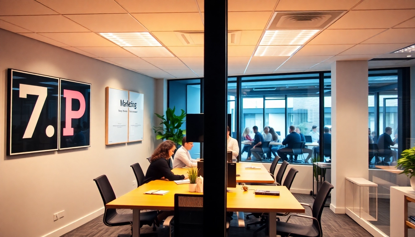 Visualisierung des 7p marketing mix mit Grafiken und einem engagierten Team in einem modernen Büro.