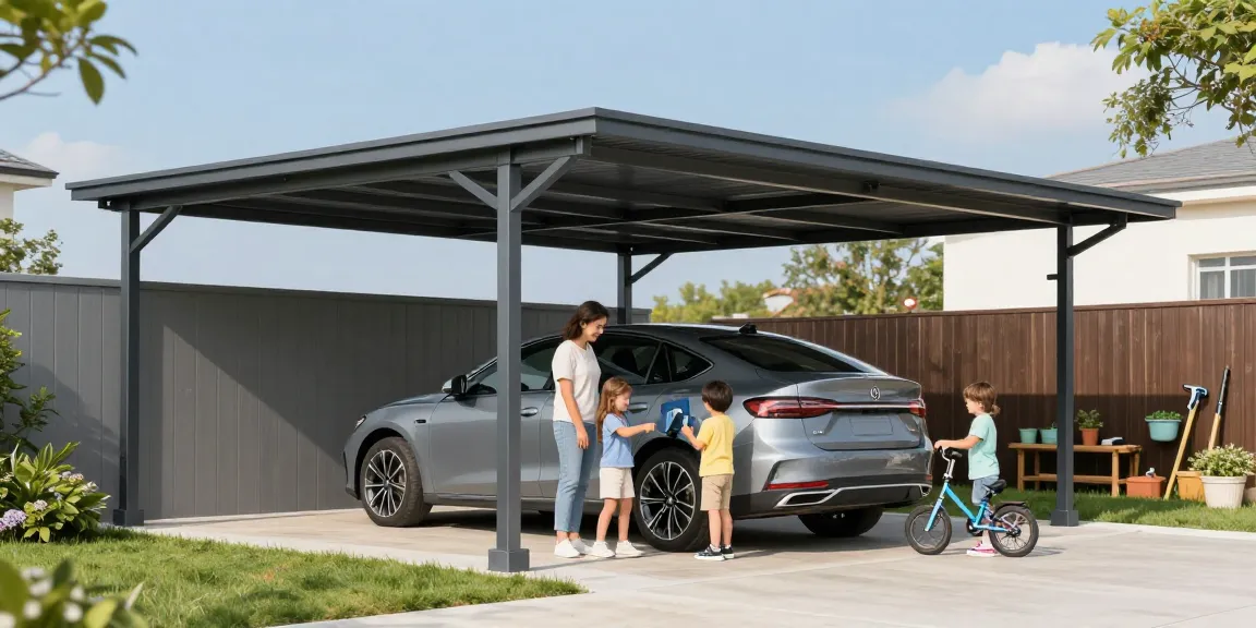 Carport als Schutz für das Auto, Familie mit Kindern spielt in der Nähe.