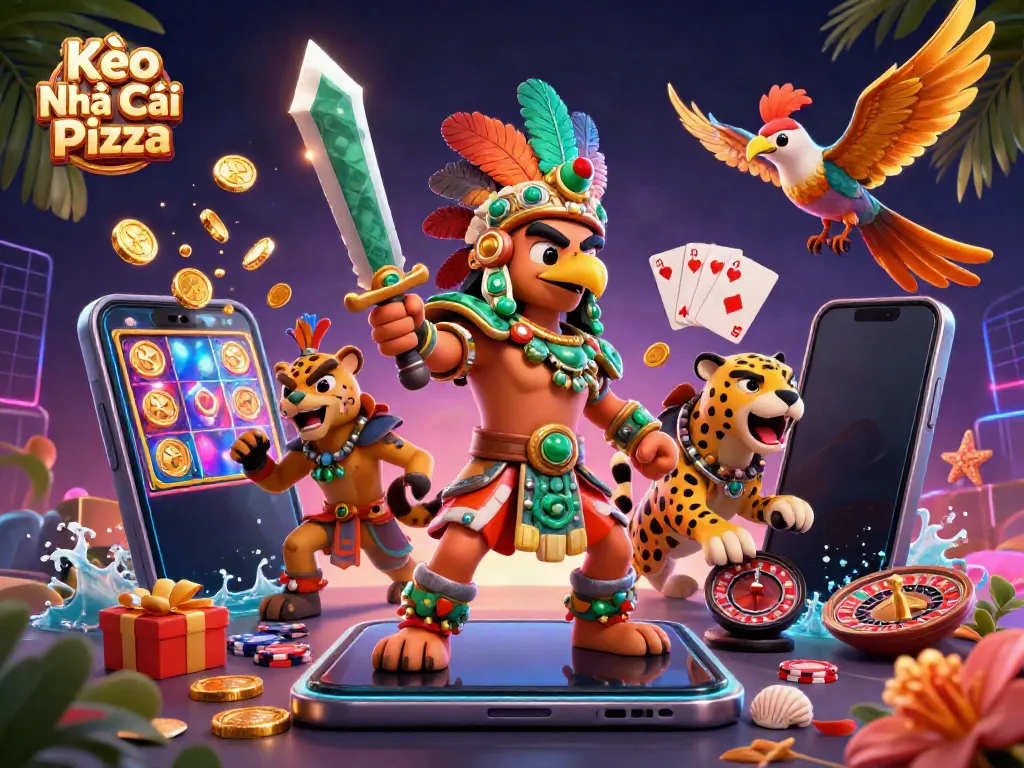 Kèo Nhà Cái Pizza showcases vibrant 3D characters engaging in immersive gambling elements with slot games and casino paraphernalia.