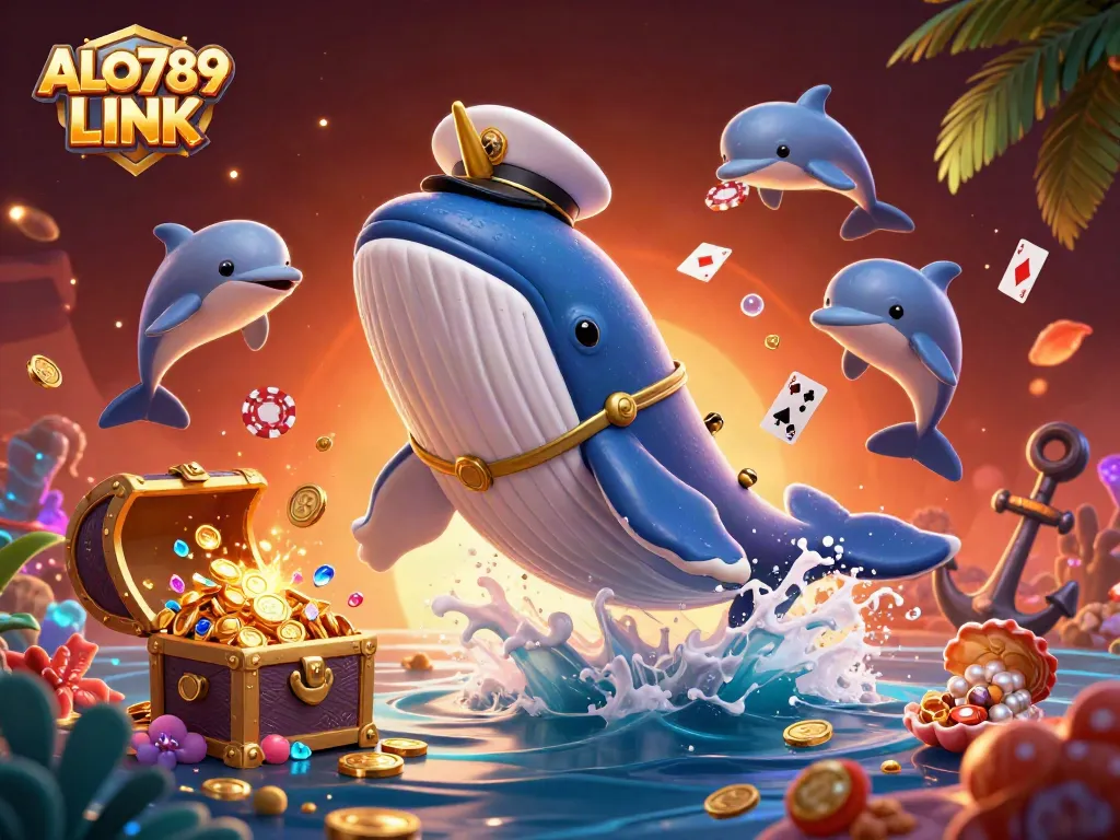 Experience thrilling gameplay with ALO789 LINK featuring a whale and dolphins in a vibrant casino scene.