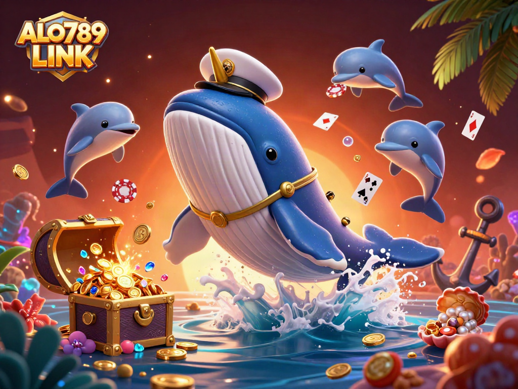 Experience thrilling gameplay with ALO789 LINK featuring a whale and dolphins in a vibrant casino scene.
