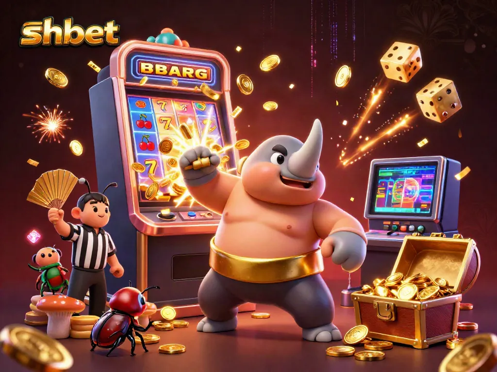 Experience shbet's thrilling casino action as a sumo beetle champions with gold coins and slot machines.
