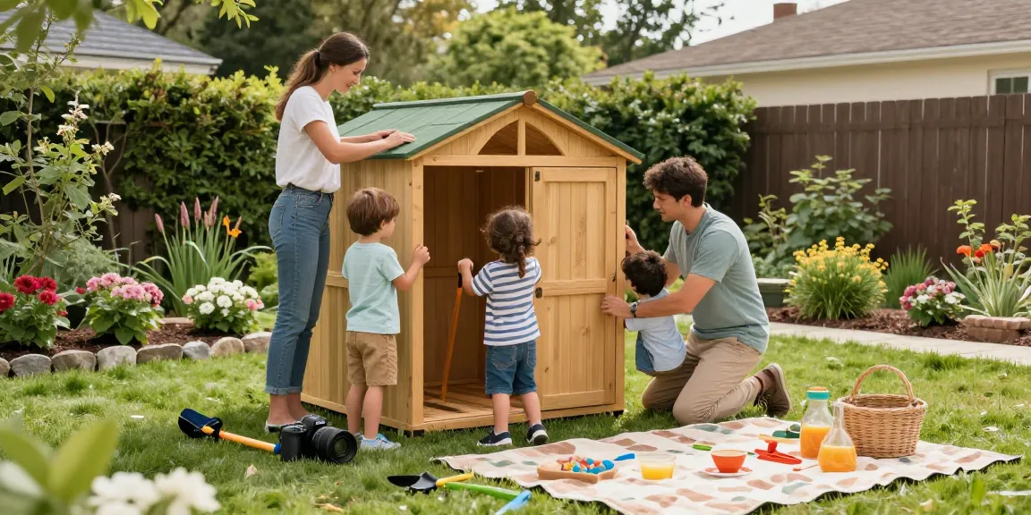 Familie beim Gartenhaus kaufen und zusammen im Garten arbeiten, um ihren Traumgarten zu gestalten.