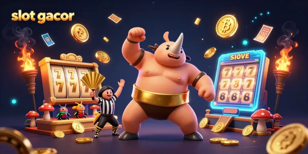 Experience thrilling slot gacor gameplay with a vibrant 3D illustration featuring a sumo champion beetle and dynamic game elements.