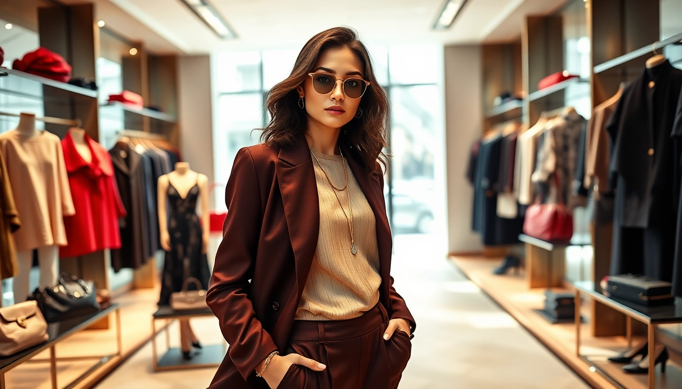 Model wearing luxury fashion from Alvionz in an elegant boutique setting, showcasing style and sophistication.