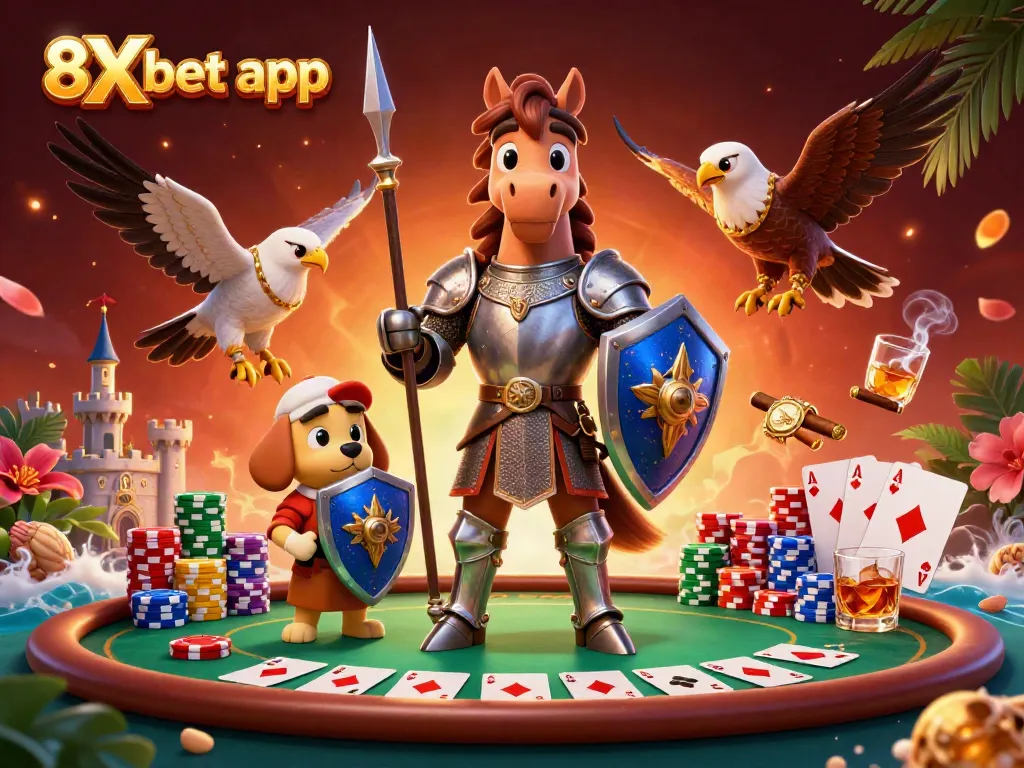 Engage with the vibrant 3D illustration showcasing the dynamic 8Xbet app experience with players and gaming elements.