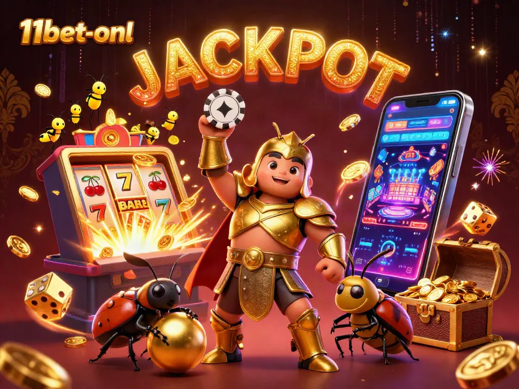 Join the action at 11bet-onl as the heroic beetle celebrates a big jackpot win in a vibrant casino scene.