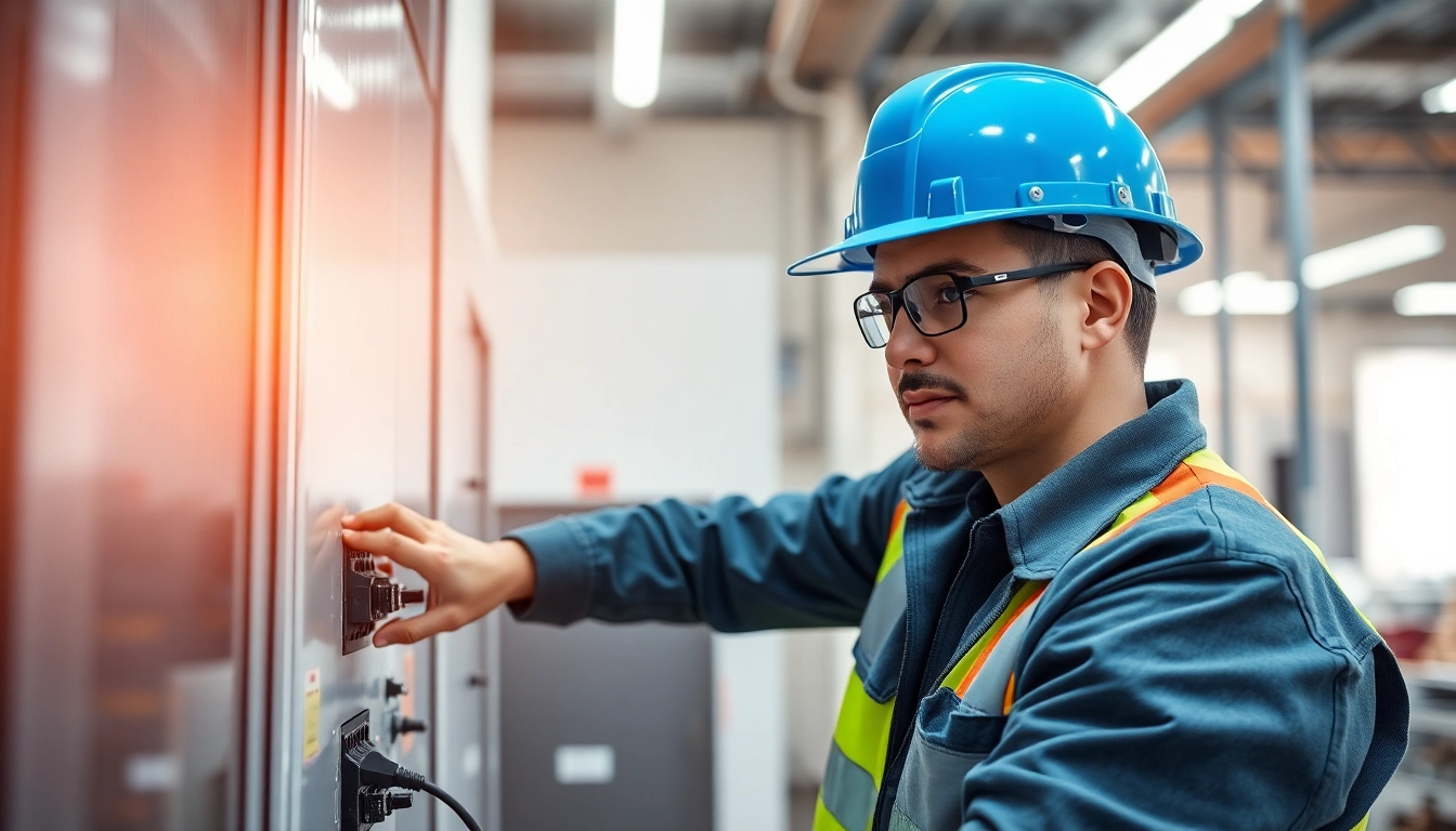 Technician performing a DGUV V3 Prüfung of electrical equipment in a modern office setting.