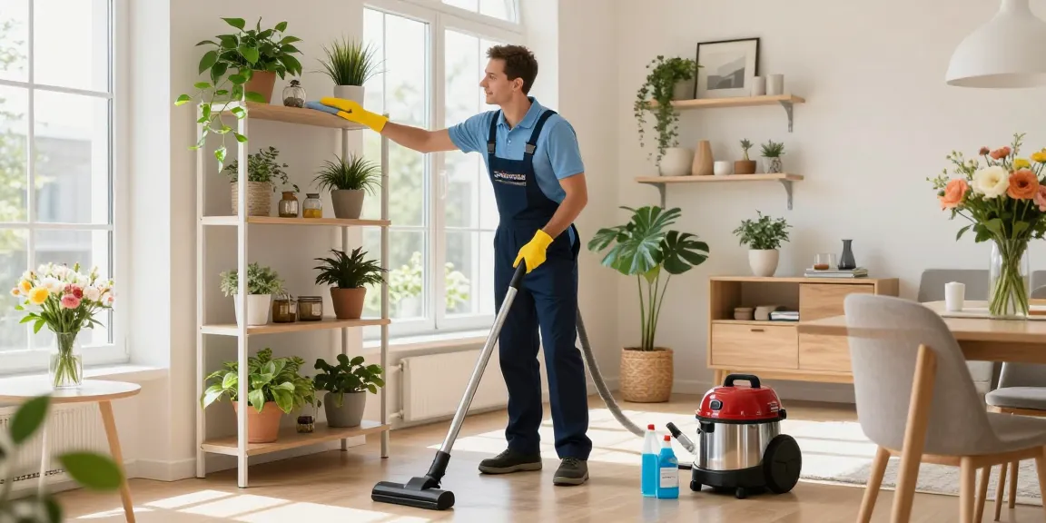 Expert cleaner demonstrating gebaeudereinigung solothurn in a sunlit modern apartment.