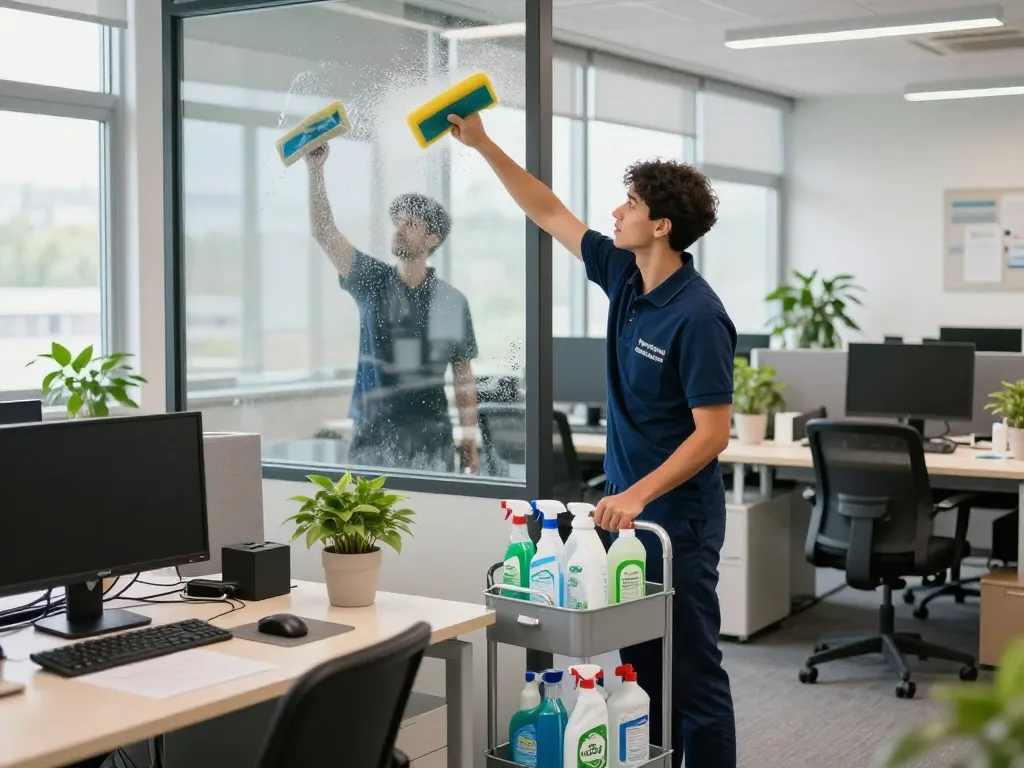 Professioneller Glasreiniger, der die Gebäudereinigung im Raum Münster in einem hellen Büro präsentiert.