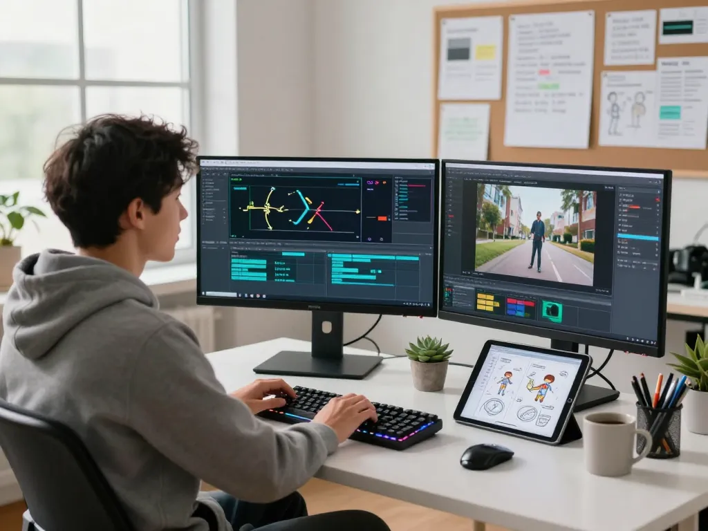 Developer using motion control software in a modern tech workspace with dual monitors and vibrant atmosphere.