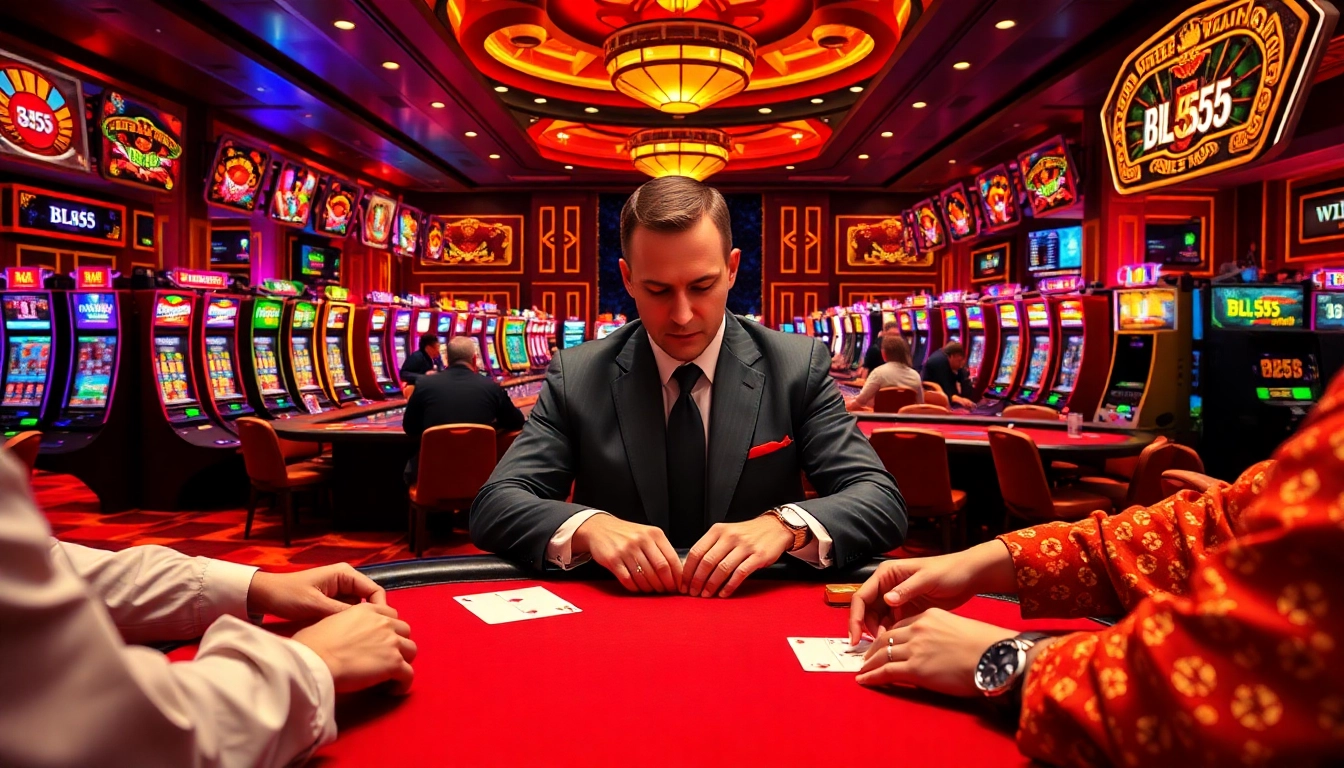 Players engaging in an exciting game at BL555 Casino with vibrant gaming tables and slot machines.