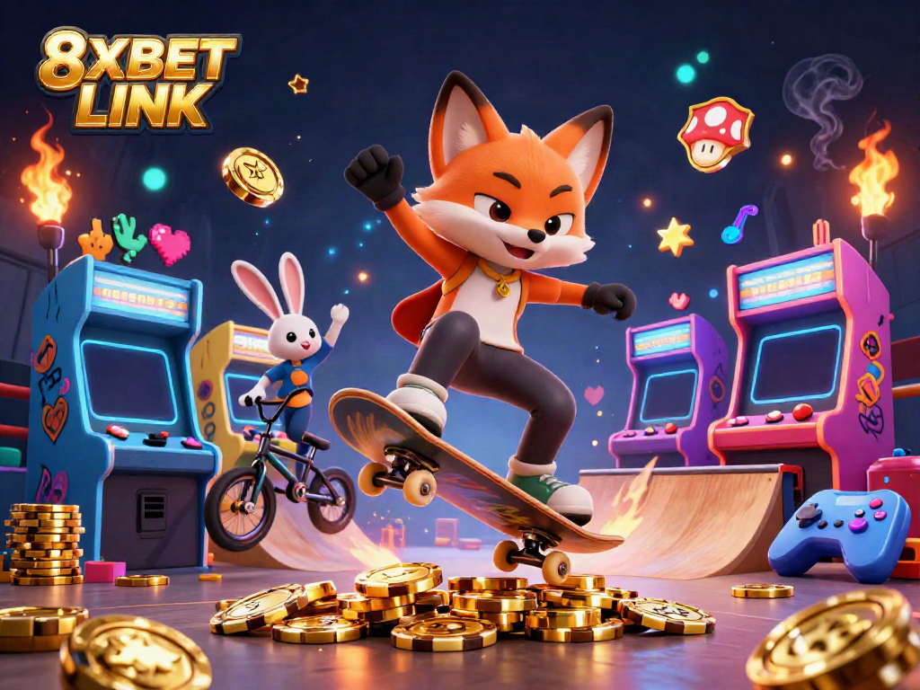 Experience thrilling adventures at 8XBET LINK featuring a lively skateboarder fox and BMX rabbit in a vibrant casino atmosphere.