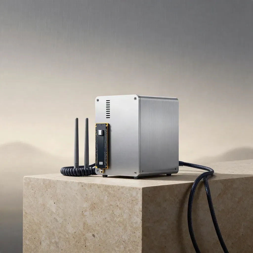 Mini-PC auf Steinpodest mit WLAN-Antennen, M.2-Tray und Ethernetkabel im Morgenlicht.