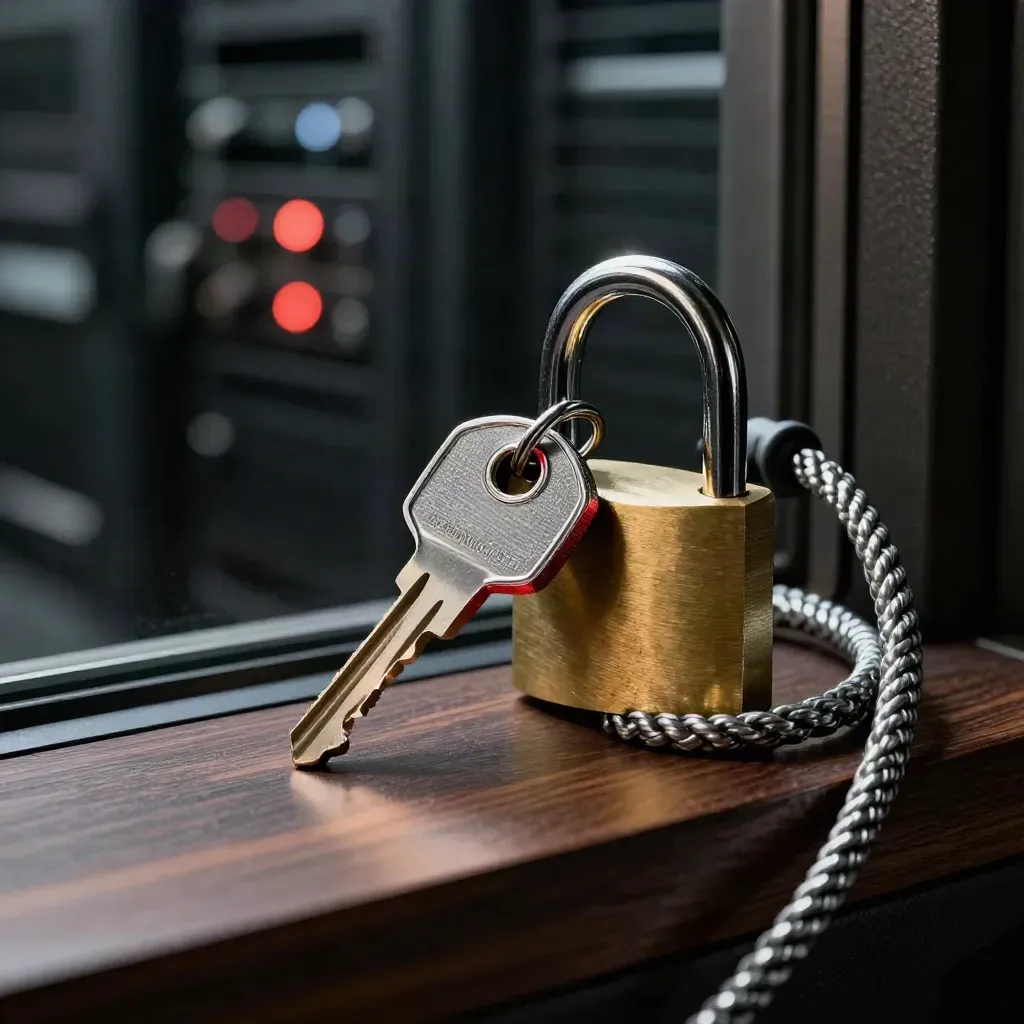 Hardware-Sicherheitsschlüssel, Schloss und geflochtenes Kabel auf dunklem, unscharfem Hintergrund.