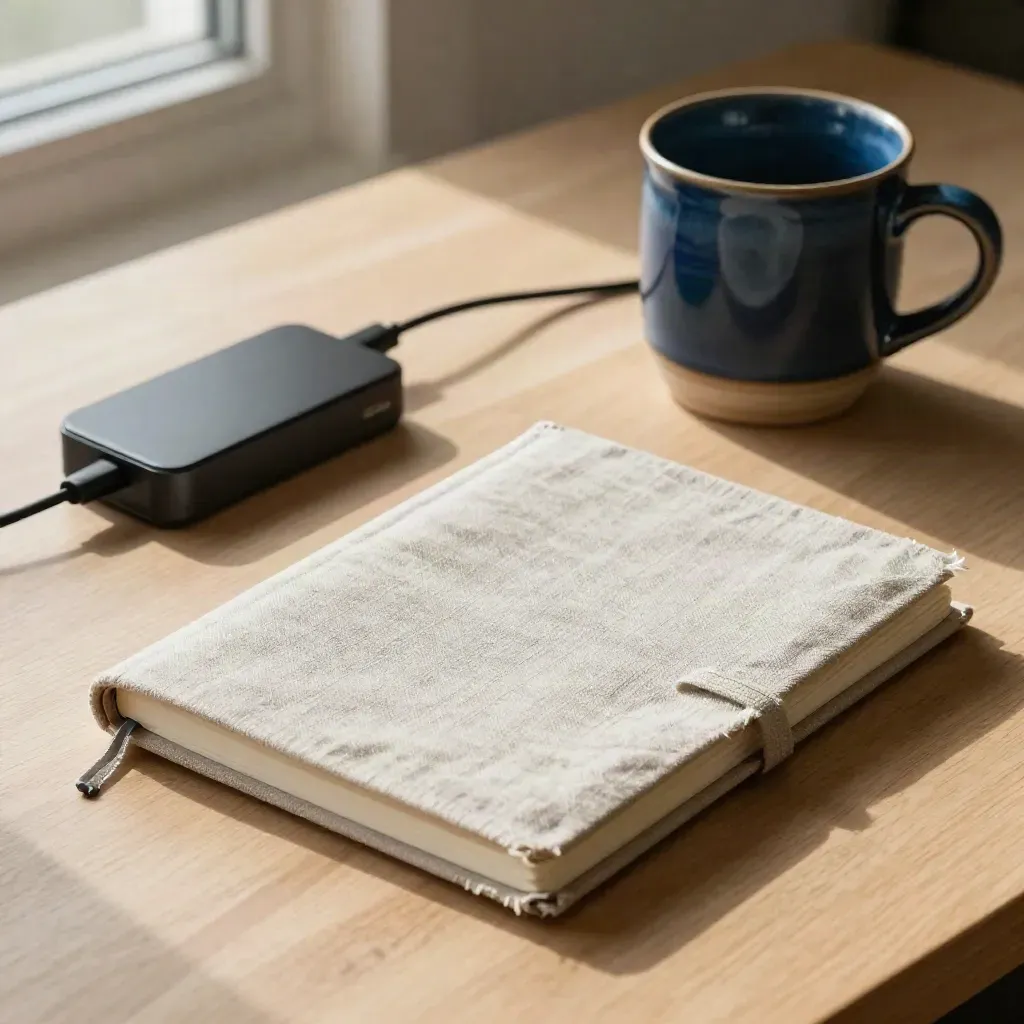 Geschlossenes Notizbuch, Tasse und Ladedock auf warmem Schreibtisch im Morgenlicht.
