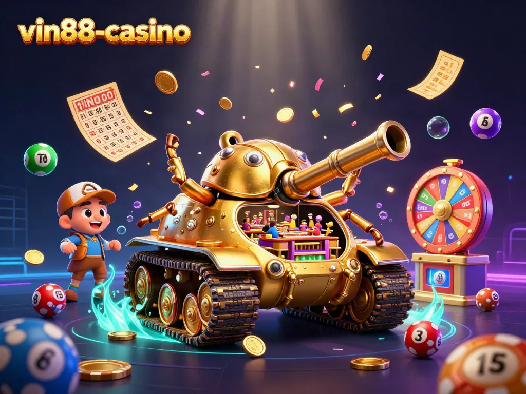Engage with thrilling wins at vin88-casino through a vibrant 3D illustration featuring dynamic casino elements.