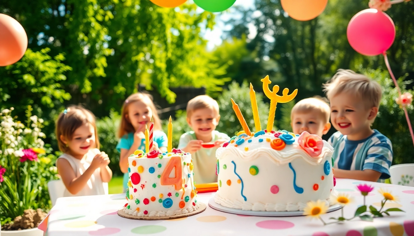 Kindergeburtstag 4 Jahre Feier mit bunten Ballons und fröhlichen Kindern.