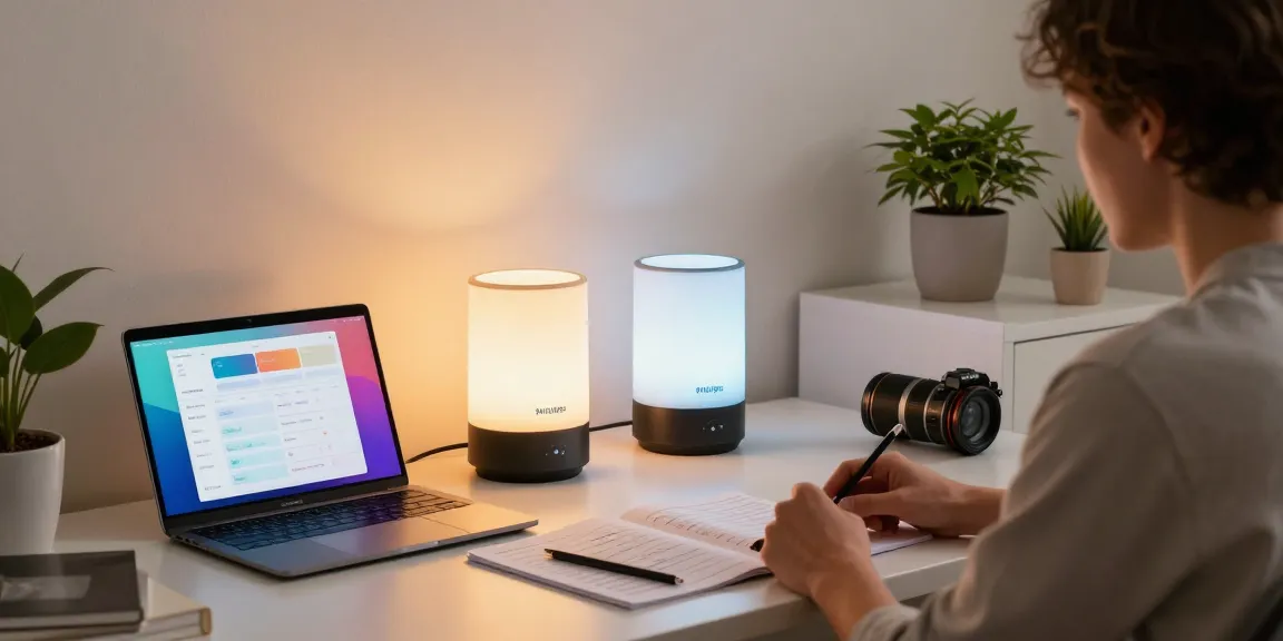 Comparing Nanoleaf Lines vs Philips Hue in a modern tech workspace.