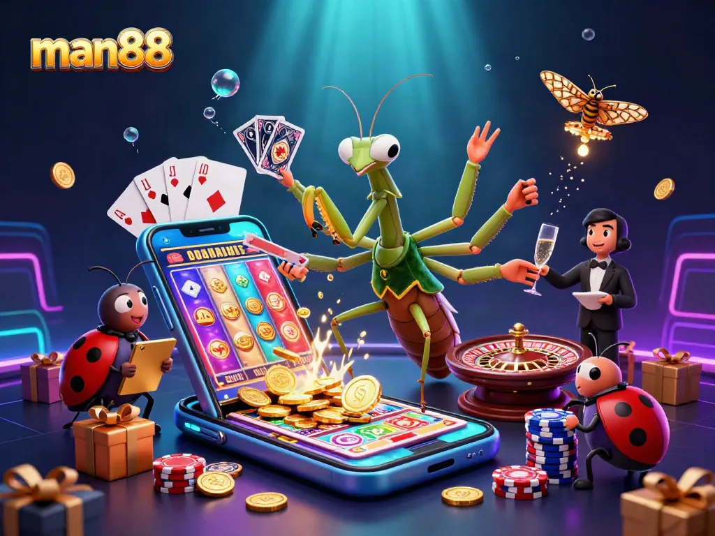 Experience exciting gaming with man88, featuring a vibrant scene of a praying mantis dealing cards and a ladybug pit boss.