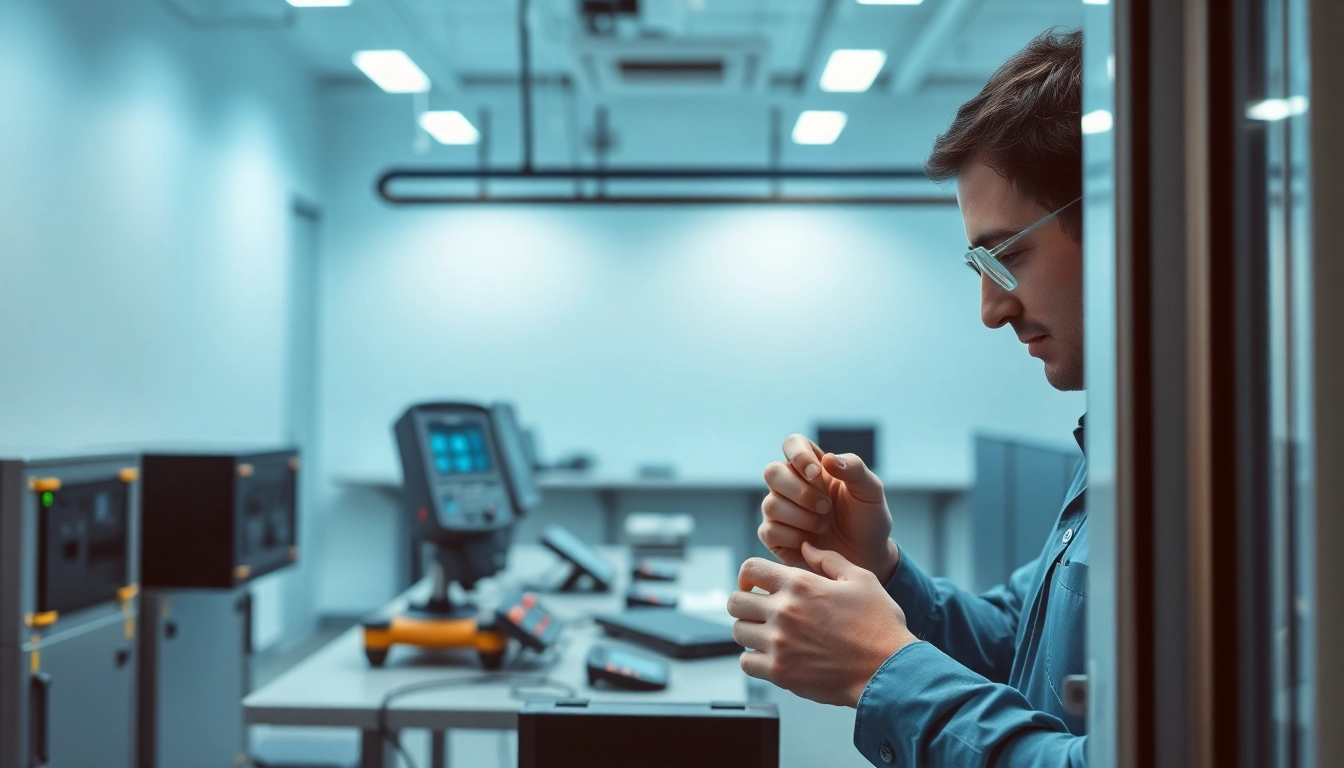 Technician performing DGUV V3 Prüfung on electrical equipment in a professional setting.