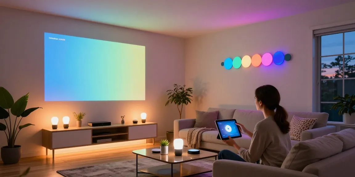 Nanoleaf Lines vs Philips Hue illuminated smart living room with colorful panels and soft ambient lighting.