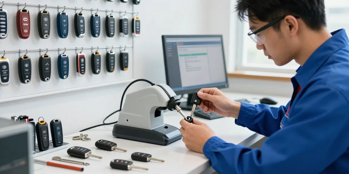 Experte für Autoschlüssel bei der Schlüsselherstellung für Autos im modernen Werkstattumfeld.