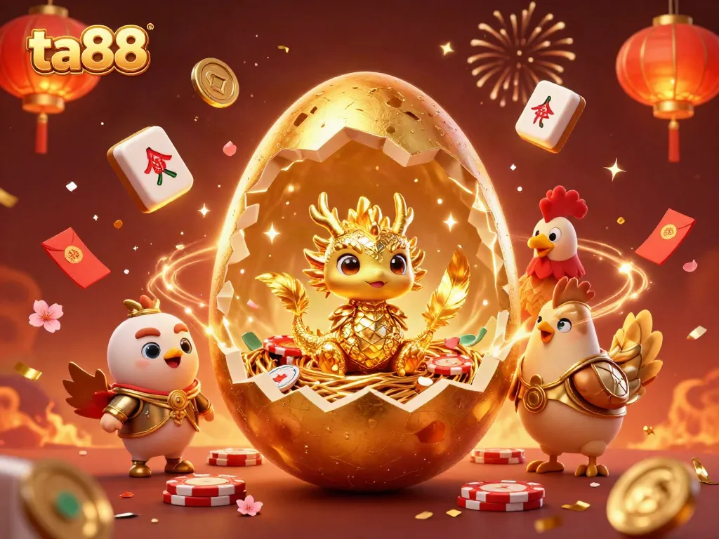 Experience thrilling gameplay at ta88 with a gold dragon emerging from poker chips amidst festive gambling elements.