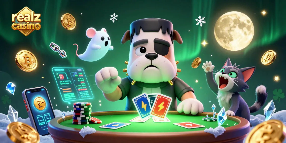Engage in realz casino gaming with a whimsical 3D scene of a Frankenstein bulldog and ghost mouse.