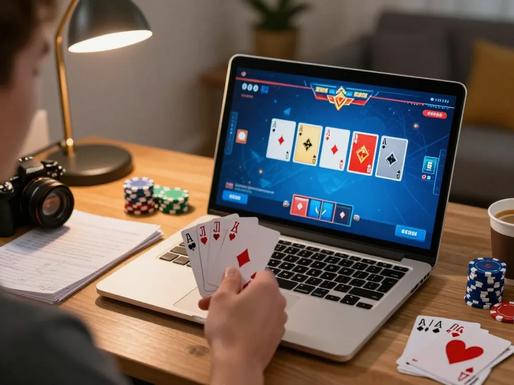 Engaged player participating in online poker game on a laptop, showcasing Go8 gameplay strategy.